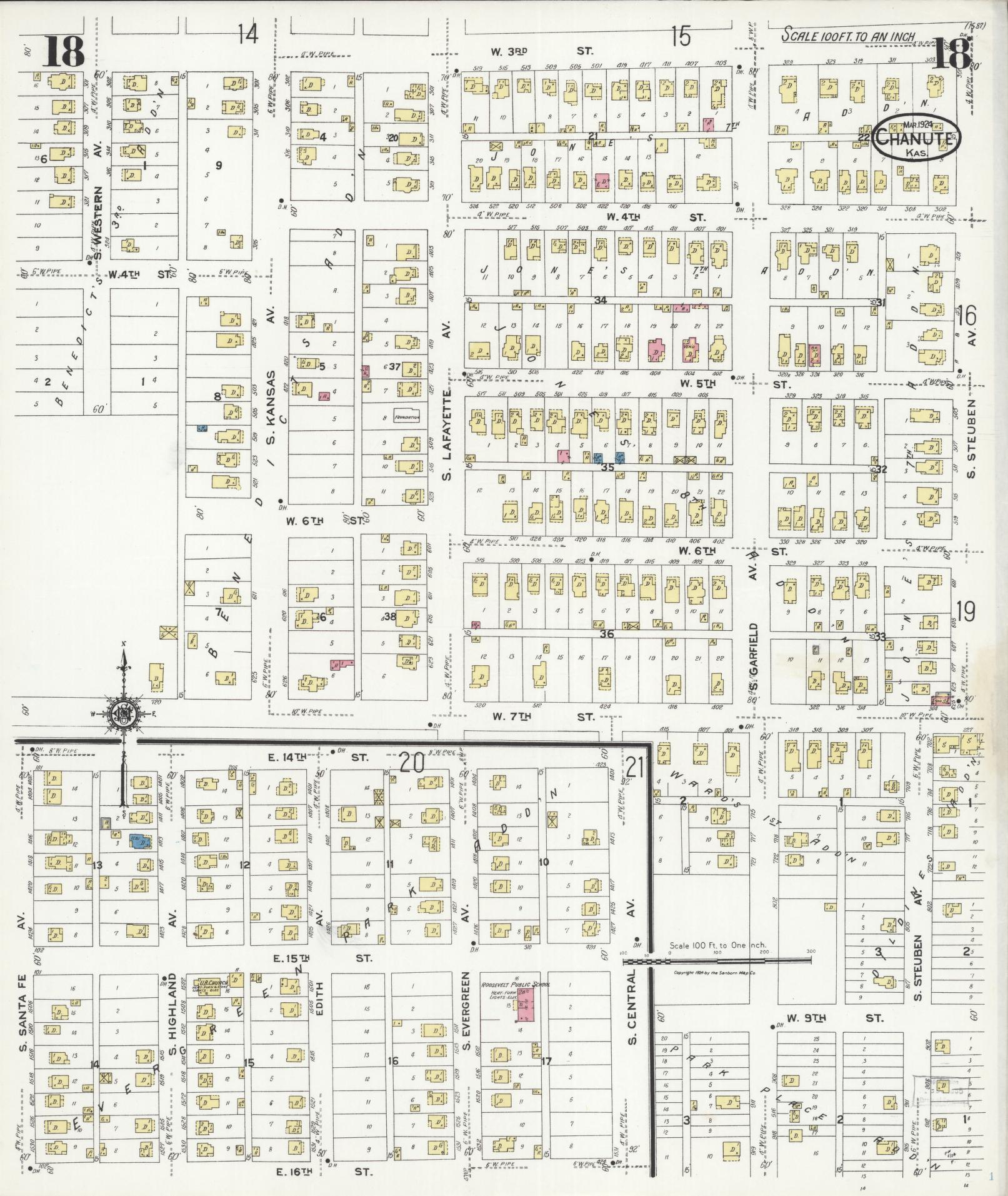 Sanborn Fire Insurance Map from Chanute, Neosho County, Kansas (1924), Sheet #0018 - Complete Map Set gallery image, historic Sanborn map, vintage wall art, Kansas Kansas