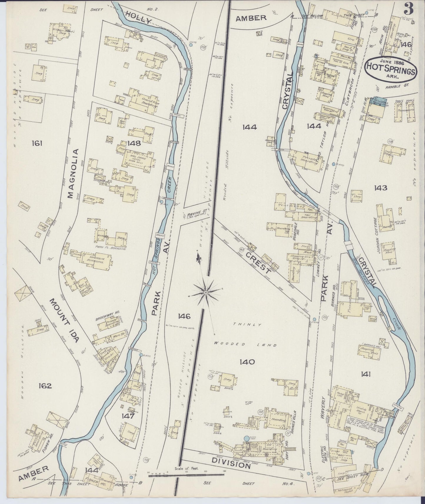 Sanborn Fire Insurance Map from Hot Springs, Garland County, Arkansas (1886), Sheet #0003 - Historic Sanborn Fire Insurance Map Print, vintage old map wall art, antique decor, genealogy gift, Arkansas Arkansas map