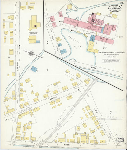 Sanborn Fire Insurance Map from Blackstone, Worcester County, Massachusetts (1910), Sheet #0007 - Historic Sanborn Fire Insurance Map Print, vintage old map wall art, antique decor, genealogy gift, Massachusetts Massachusetts map