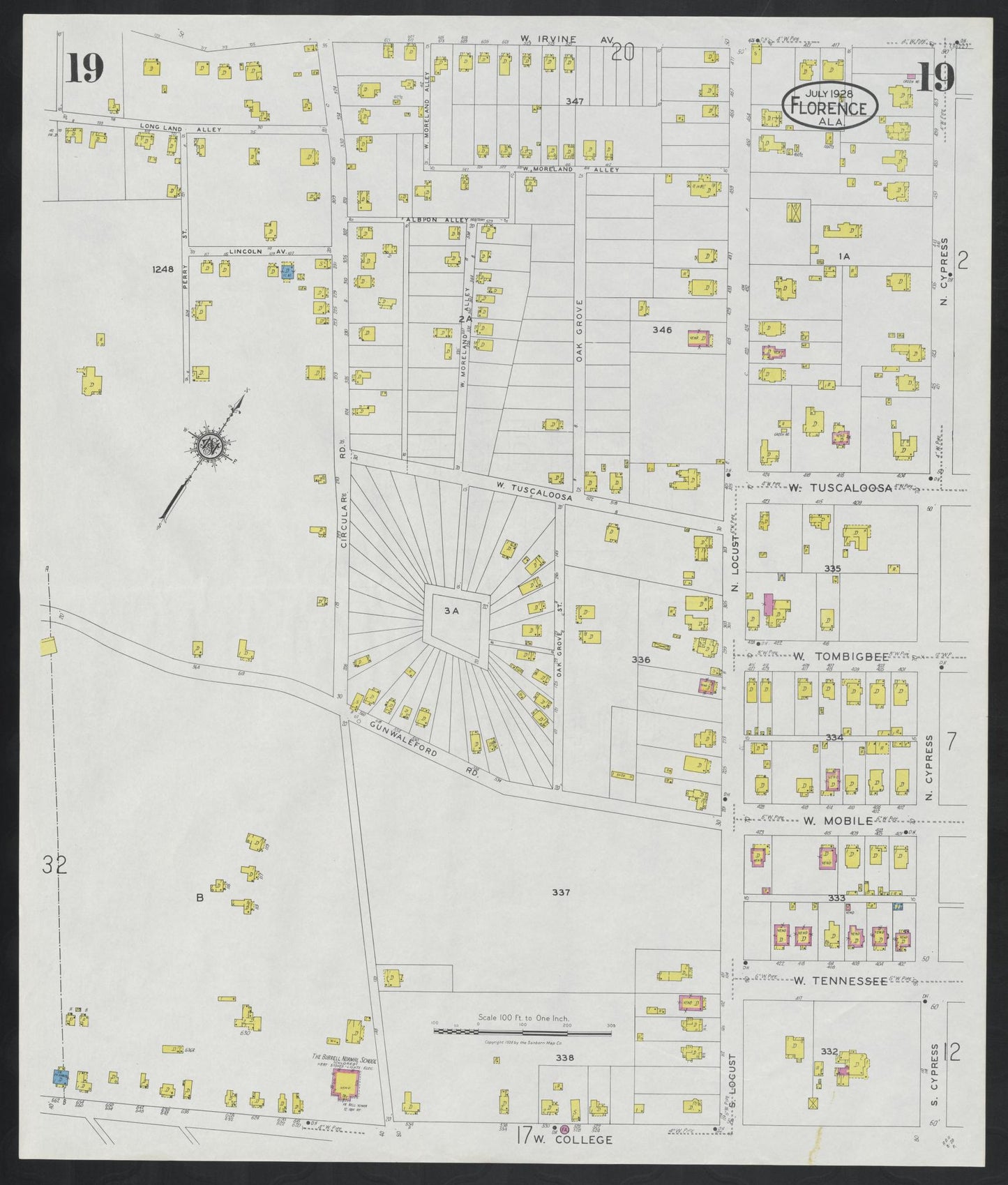 Sanborn Fire Insurance Map from Florence, Lauderdale County, Alabama (1928), Sheet #0019 - Historic Sanborn Fire Insurance Map Print, vintage old map wall art, antique decor, genealogy gift, Alabama Alabama map