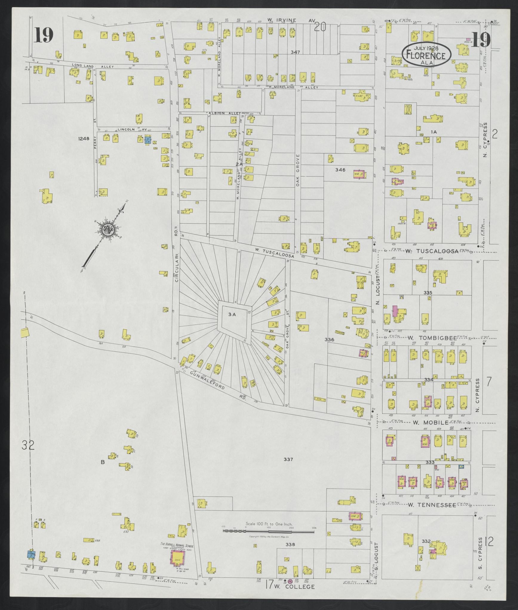 Sanborn Fire Insurance Map from Florence, Lauderdale County, Alabama (1928), Sheet #0019 - Historic Sanborn Fire Insurance Map Print, vintage old map wall art, antique decor, genealogy gift, Alabama Alabama map