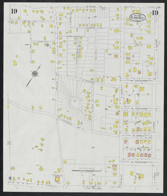 Sanborn Fire Insurance Map from Florence, Lauderdale County, Alabama (1928), Sheet #0019 - Historic Sanborn Fire Insurance Map Print, vintage old map wall art, antique decor, genealogy gift, Alabama Alabama map