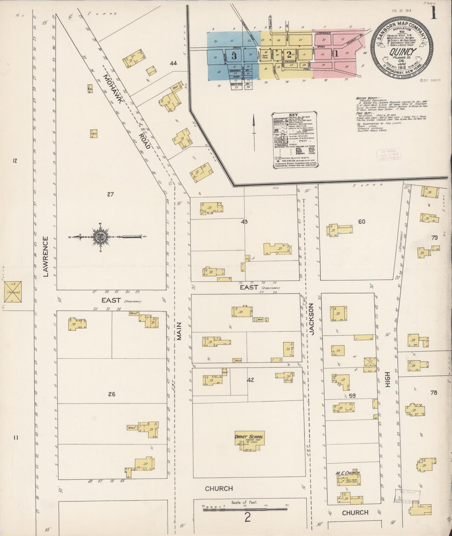 Sanborn Fire Insurance Map from Quincy, Plumas County, California (1912), Sheet #0001 - Complete Map Set gallery image, historic Sanborn map, vintage wall art, California California