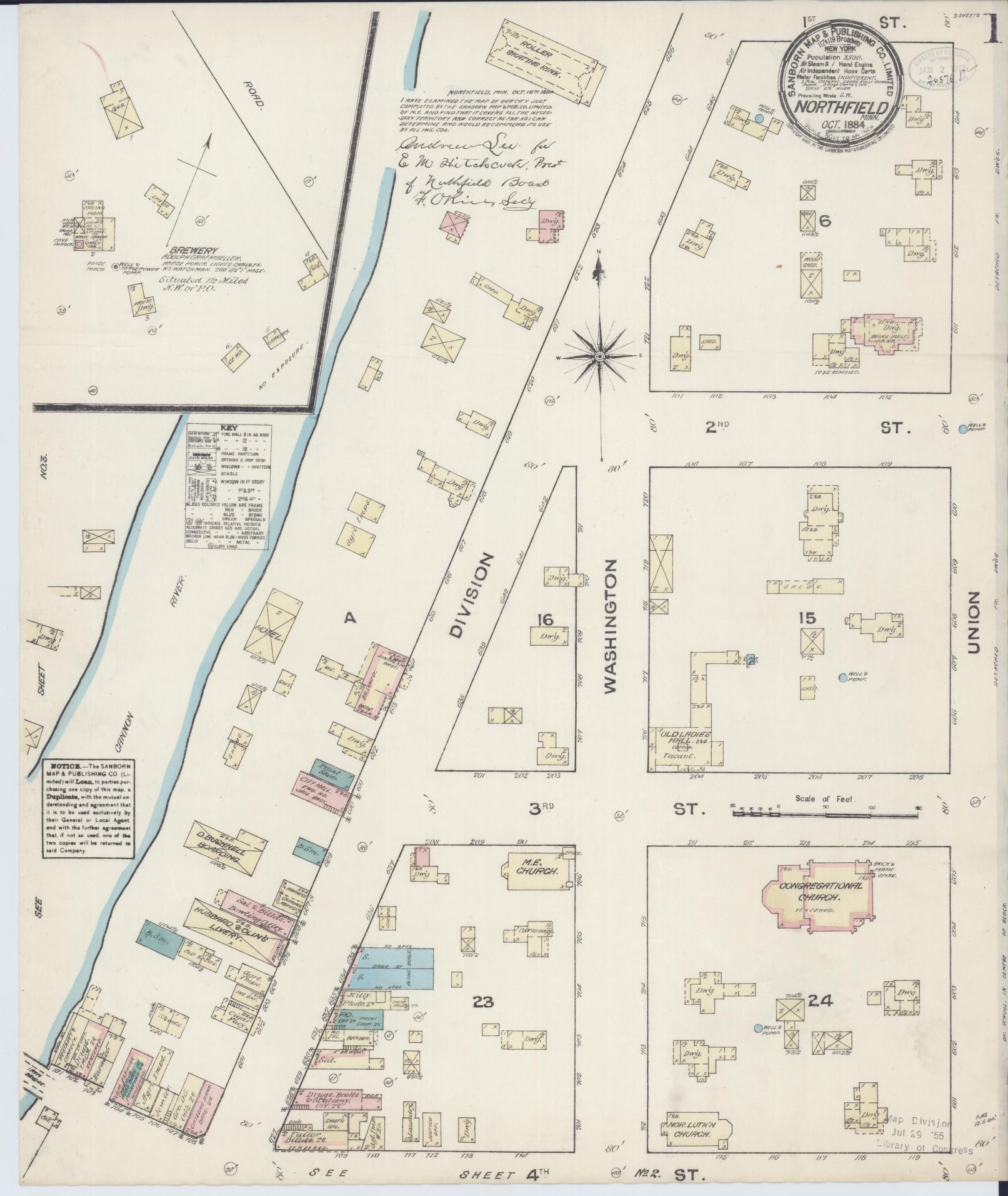 Sanborn Fire Insurance Map from Northfield, Rice County, Minnesota (1884), Sheet #0001 - Historic Sanborn Fire Insurance Map Print, vintage old map wall art, antique decor, genealogy gift, Minnesota Minnesota map