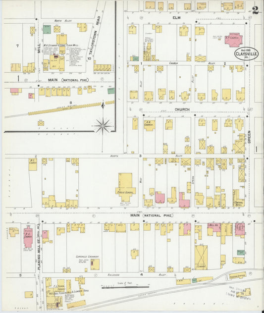 Sanborn Fire Insurance Map from Claysville, Washington County, Pennsylvania (1901), Sheet #0002 - Historic Sanborn Fire Insurance Map Print, vintage old map wall art, antique decor, genealogy gift, Pennsylvania Pennsylvania map
