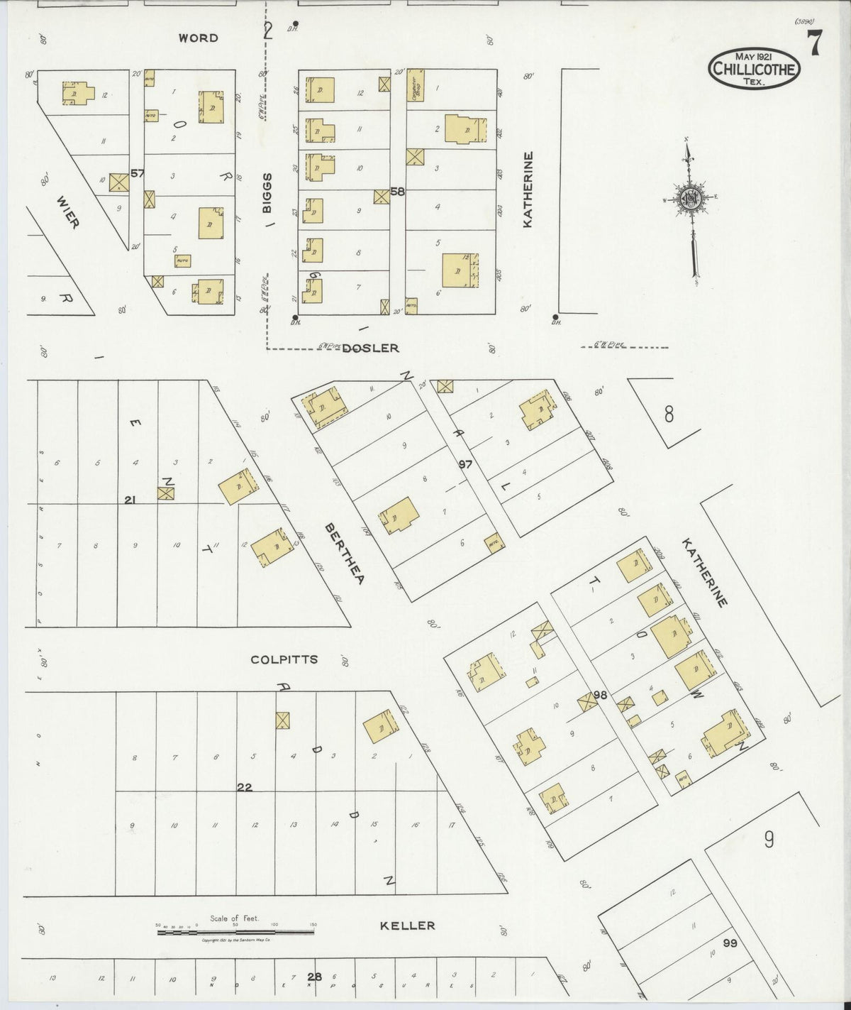 Sanborn Fire Insurance Map from Chillicothe, Hardeman County, Texas (1921), Sheet #0007 - Complete Map Set gallery image, historic Sanborn map, vintage wall art, Texas Texas