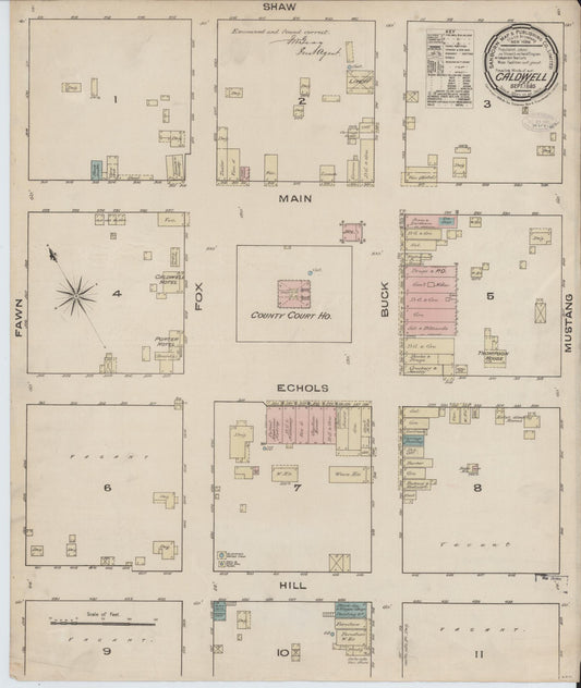 Sanborn Fire Insurance Map from Caldwell, Burleson County, Texas (1885), Sheet #0001 - Historic Sanborn Fire Insurance Map Print, vintage old map wall art, antique decor, genealogy gift, Texas Texas map