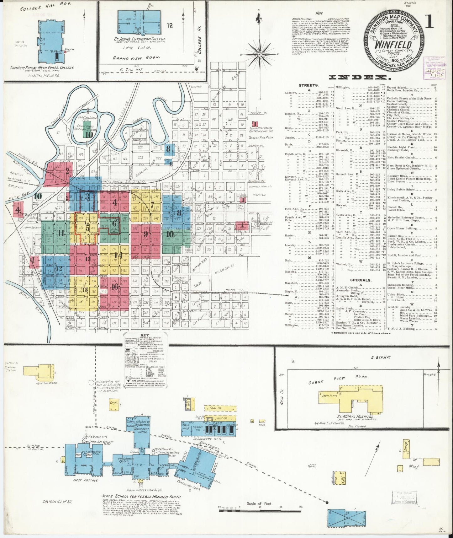 Sanborn Fire Insurance Map from Winfield, Cowley County, Kansas (1905), Sheet #0001 - Complete Map Set gallery image, historic Sanborn map, vintage wall art, Kansas Kansas