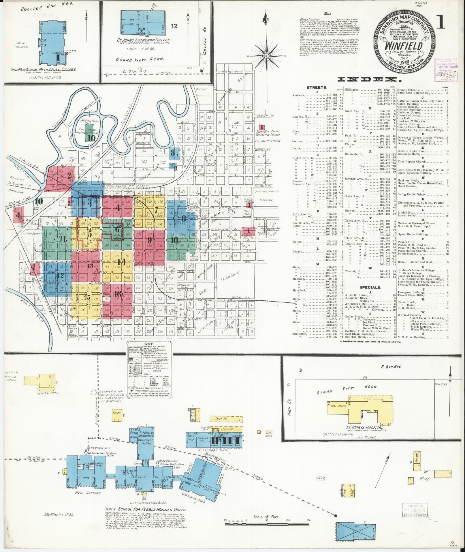 Sanborn Fire Insurance Map from Winfield, Cowley County, Kansas (1905), Sheet #0001 - Complete Map Set gallery image, historic Sanborn map, vintage wall art, Kansas Kansas