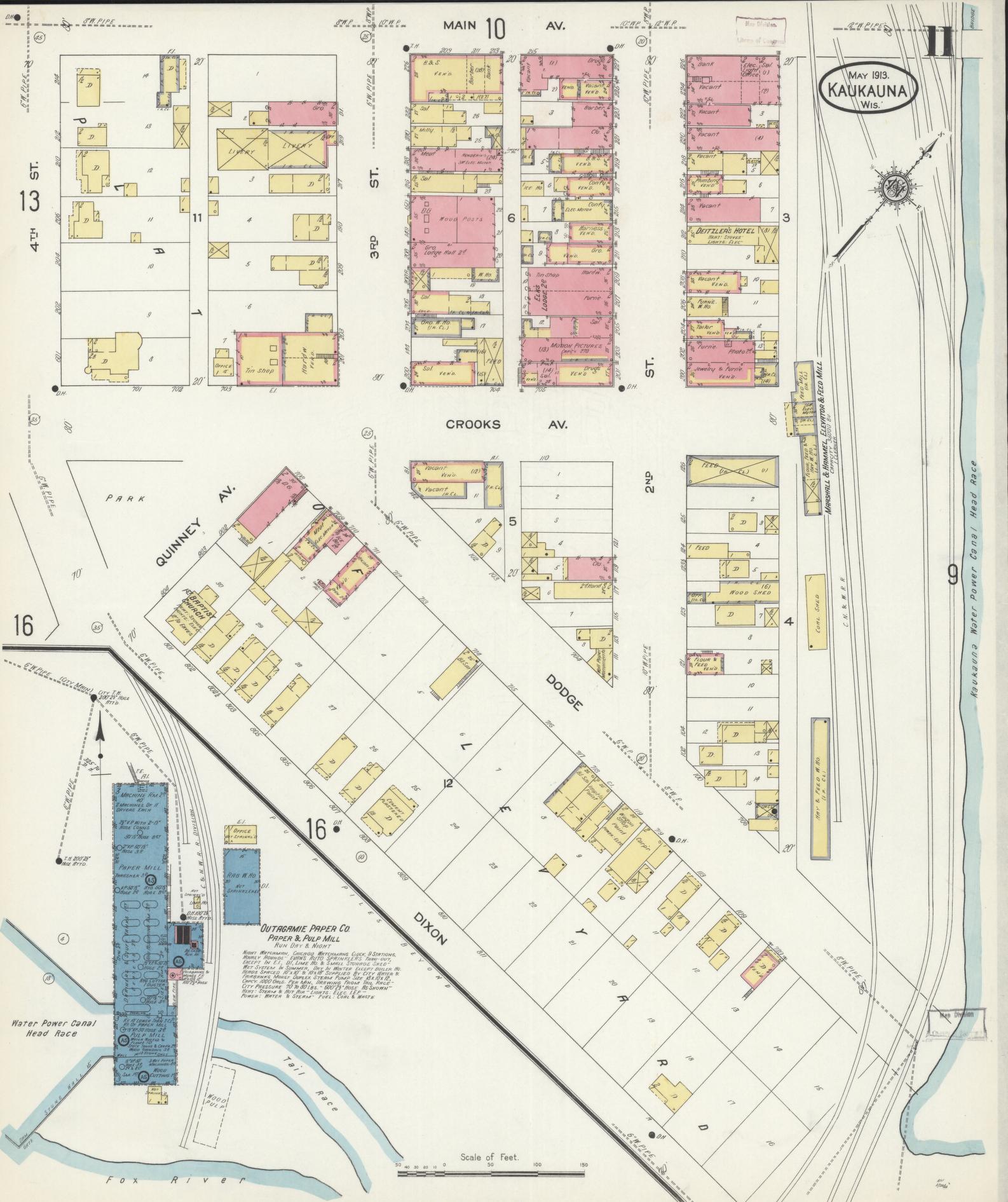 Sanborn Fire Insurance Map from Kaukauna, Outagamie County, Wisconsin (1913), Sheet #0011 - Historic Sanborn Fire Insurance Map Print, vintage old map wall art, antique decor, genealogy gift, Wisconsin Wisconsin map