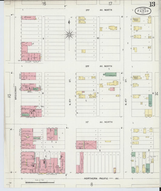 Sanborn Fire Insurance Map from Fargo, Cass County, North Dakota (1896), Sheet #0013 - Historic Sanborn Fire Insurance Map Print, vintage old map wall art, antique decor, genealogy gift, North Dakota North Dakota map