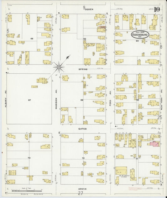 Sanborn Fire Insurance Map from Ogdensburg, St. Lawrence County, New York (1909), Sheet #0010 - Historic Sanborn Fire Insurance Map Print, vintage old map wall art, antique decor, genealogy gift, New York New York map