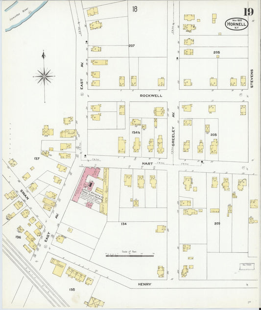 Sanborn Fire Insurance Map from Hornell, Steuben County, New York (1909), Sheet #0019 - Historic Sanborn Fire Insurance Map Print, vintage old map wall art, antique decor, genealogy gift, New York New York map