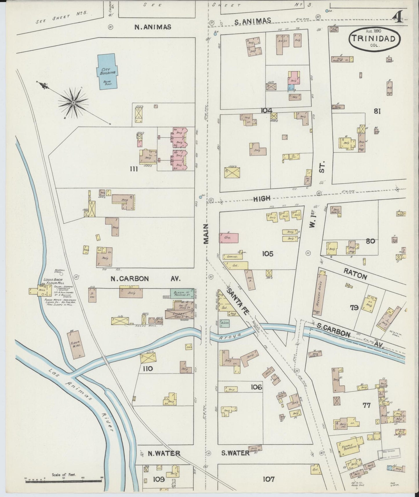 Sanborn Fire Insurance Map from Trinidad, Las Animas County, Colorado (1890), Sheet #0004 - Historic Sanborn Fire Insurance Map Print, vintage old map wall art, antique decor, genealogy gift, Colorado Colorado map