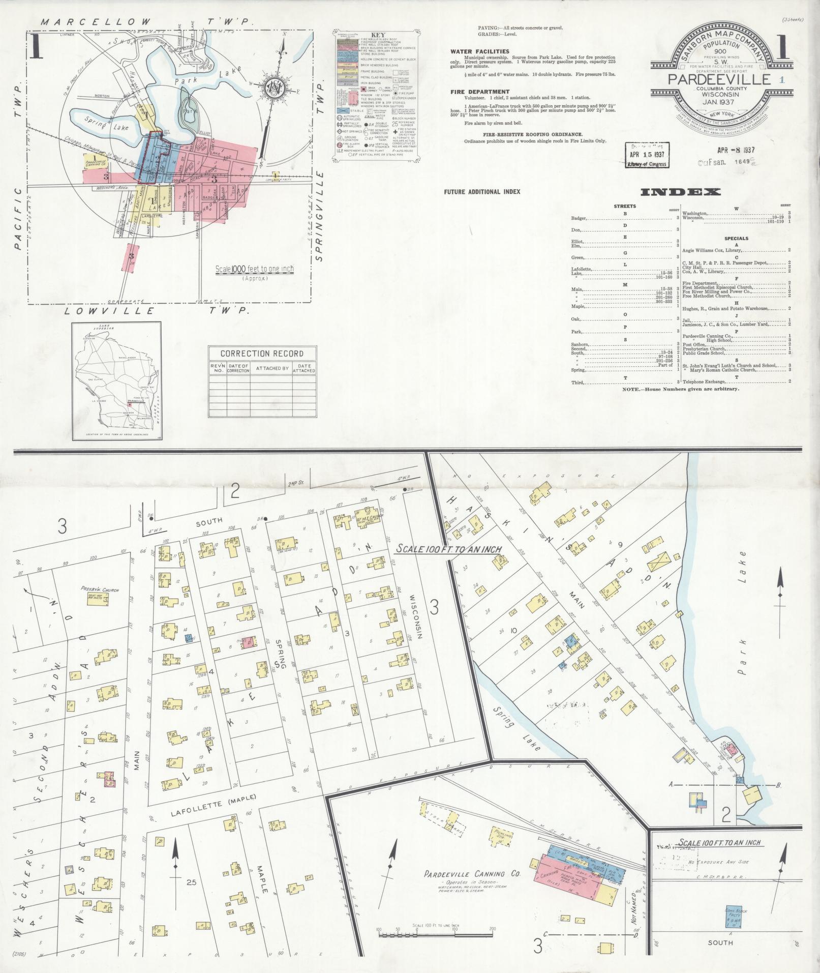 Sanborn Fire Insurance Map from Pardeeville, Columbia County, Wisconsin (1937), Sheet #0001 - Complete Map Set gallery image, historic Sanborn map, vintage wall art, Wisconsin Wisconsin