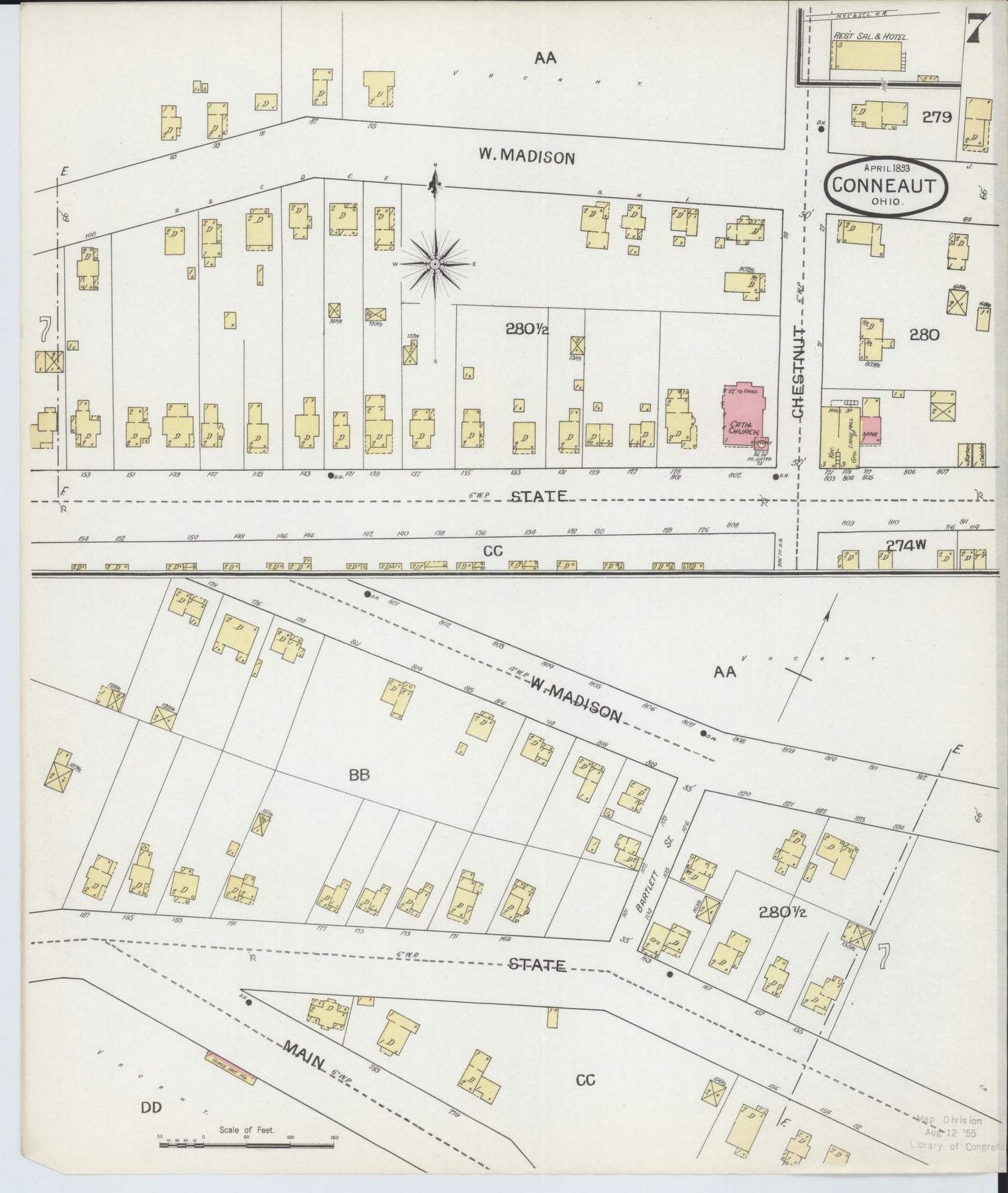 Sanborn Fire Insurance Map from Conneaut, Ashtabula County, Ohio (1893), Sheet #0007 - Historic Sanborn Fire Insurance Map Print, vintage old map wall art, antique decor, genealogy gift, Ohio Ohio map