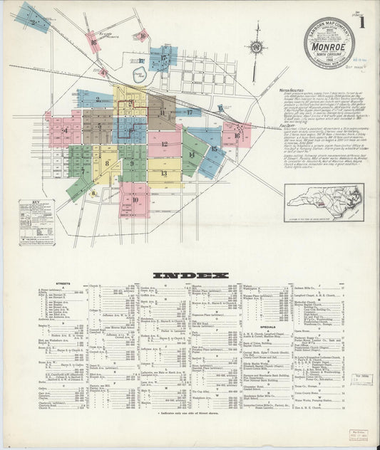 Sanborn Fire Insurance Map from Monroe, Union County, North Carolina (1914), Sheet #0001 - Historic Sanborn Fire Insurance Map Print, vintage old map wall art, antique decor, genealogy gift, North Carolina North Carolina map