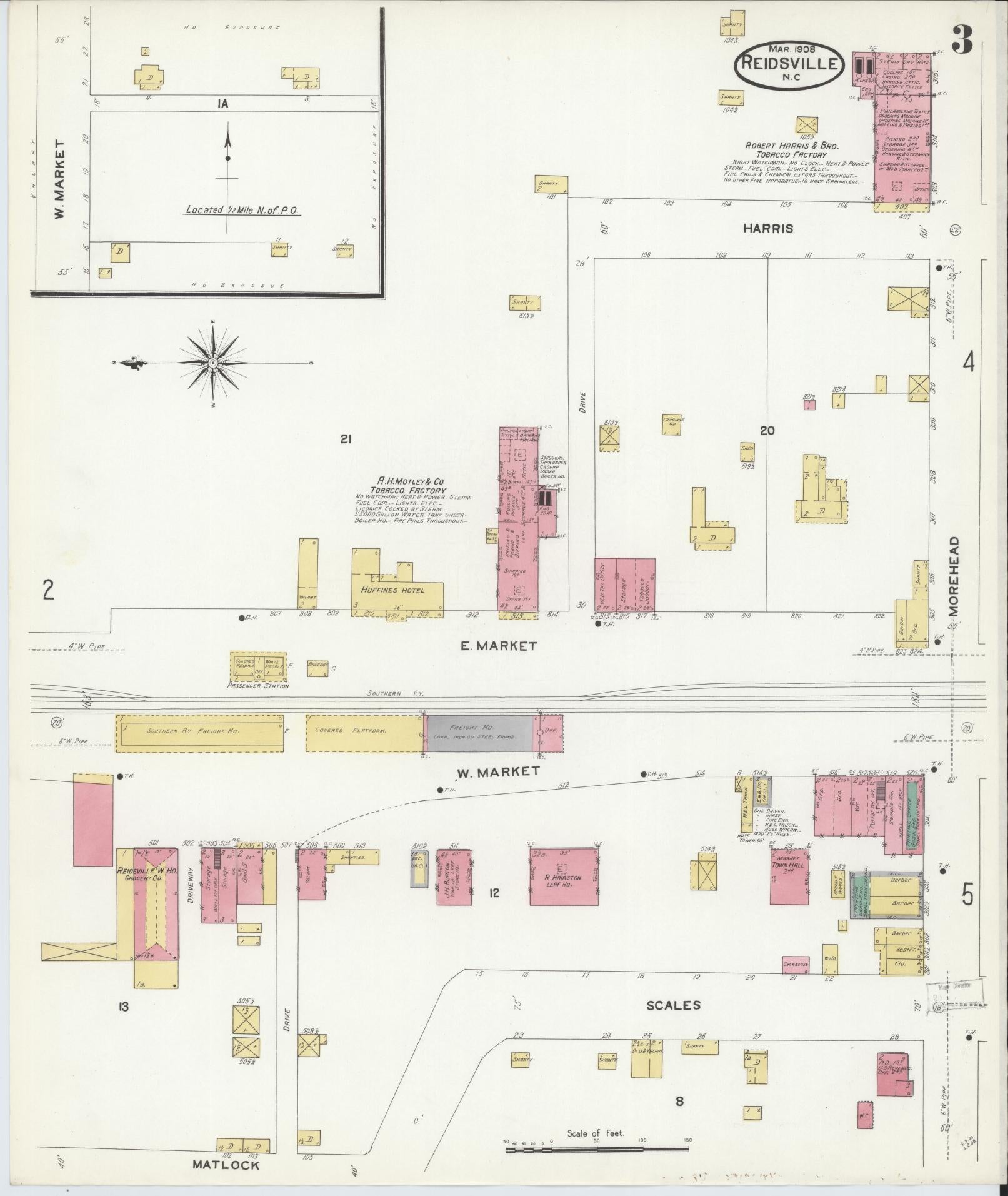 Sanborn Fire Insurance Map from Reidsville, Rockingham County, North Carolina (1908), Sheet #0003 - Complete Map Set gallery image, historic Sanborn map, vintage wall art, North Carolina North Carolina