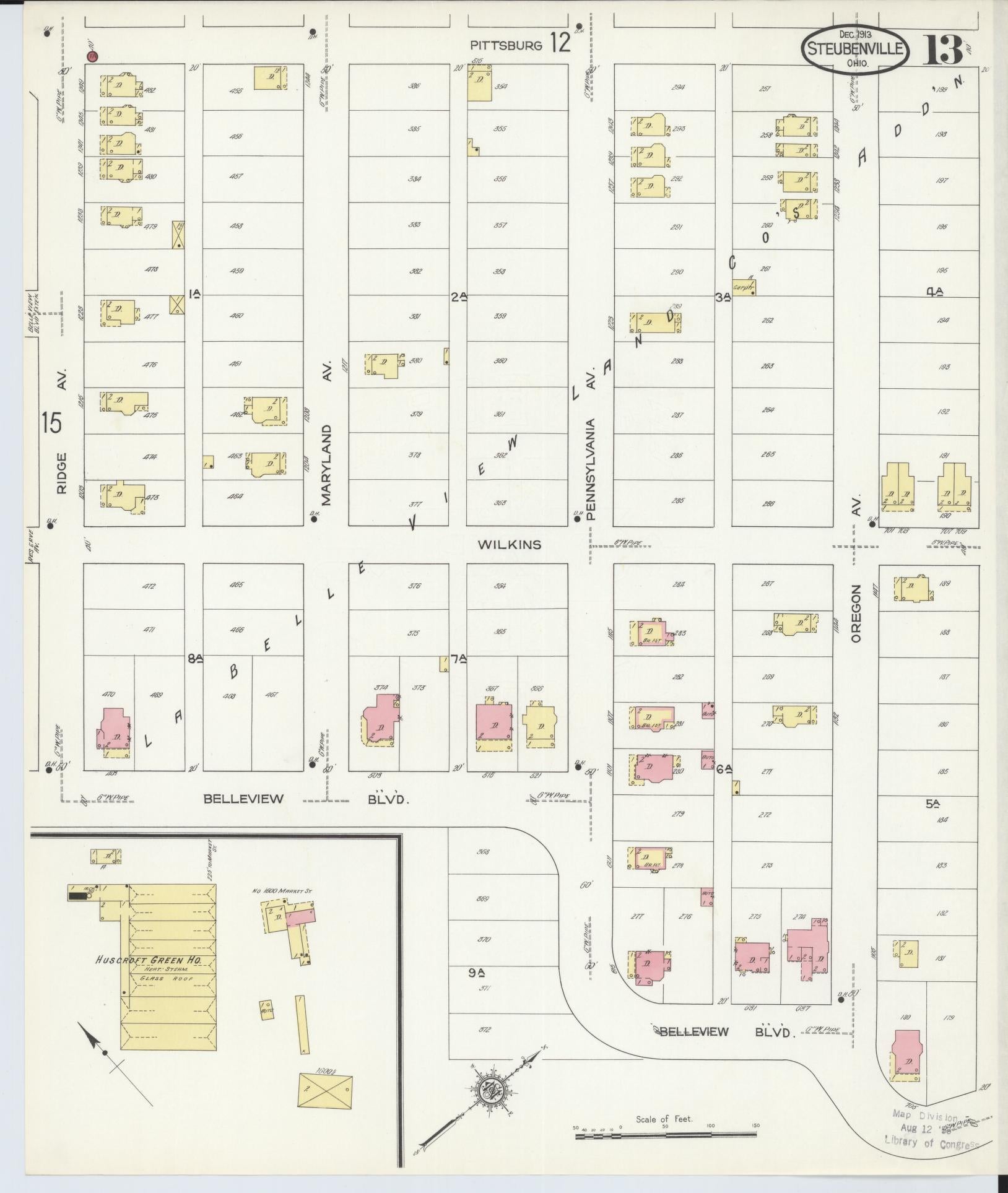 Sanborn Fire Insurance Map from Steubenville, Jefferson County, Ohio (1913), Sheet #0013 - Complete Map Set gallery image, historic Sanborn map, vintage wall art, Ohio Ohio