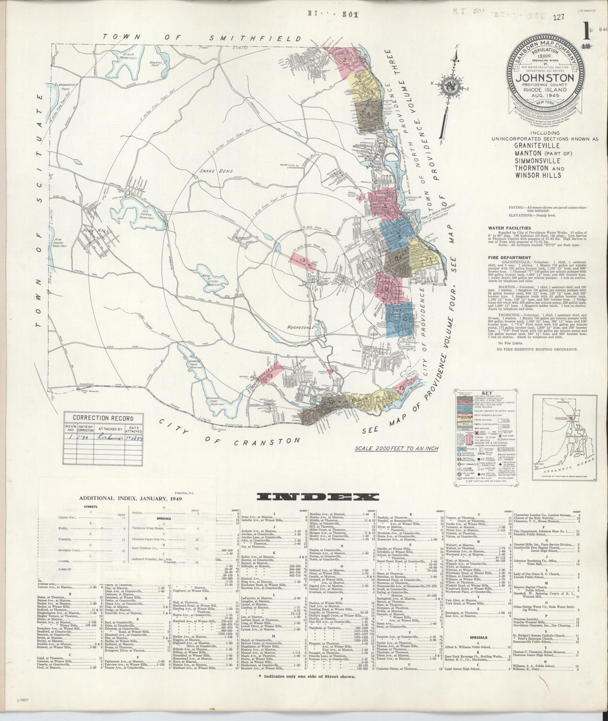 Sanborn Fire Insurance Map from Johnston, Providence County, Rhode Island (1945), Sheet #0001 - Complete Map Set gallery image, historic Sanborn map, vintage wall art, Rhode Island Rhode Island