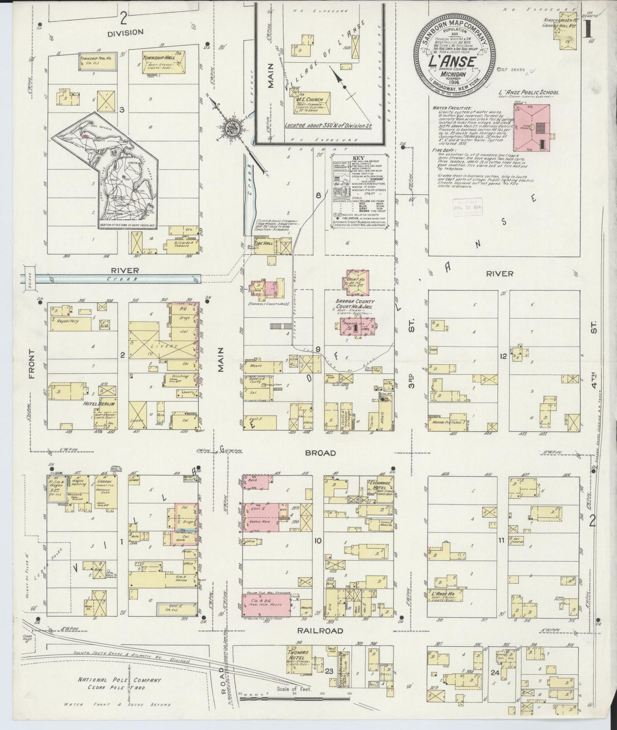 Sanborn Fire Insurance Map from L'Anse, Baraga County, Michigan (1914), Sheet #0001 - Historic Sanborn Fire Insurance Map Print, vintage old map wall art, antique decor, genealogy gift, Michigan Michigan map