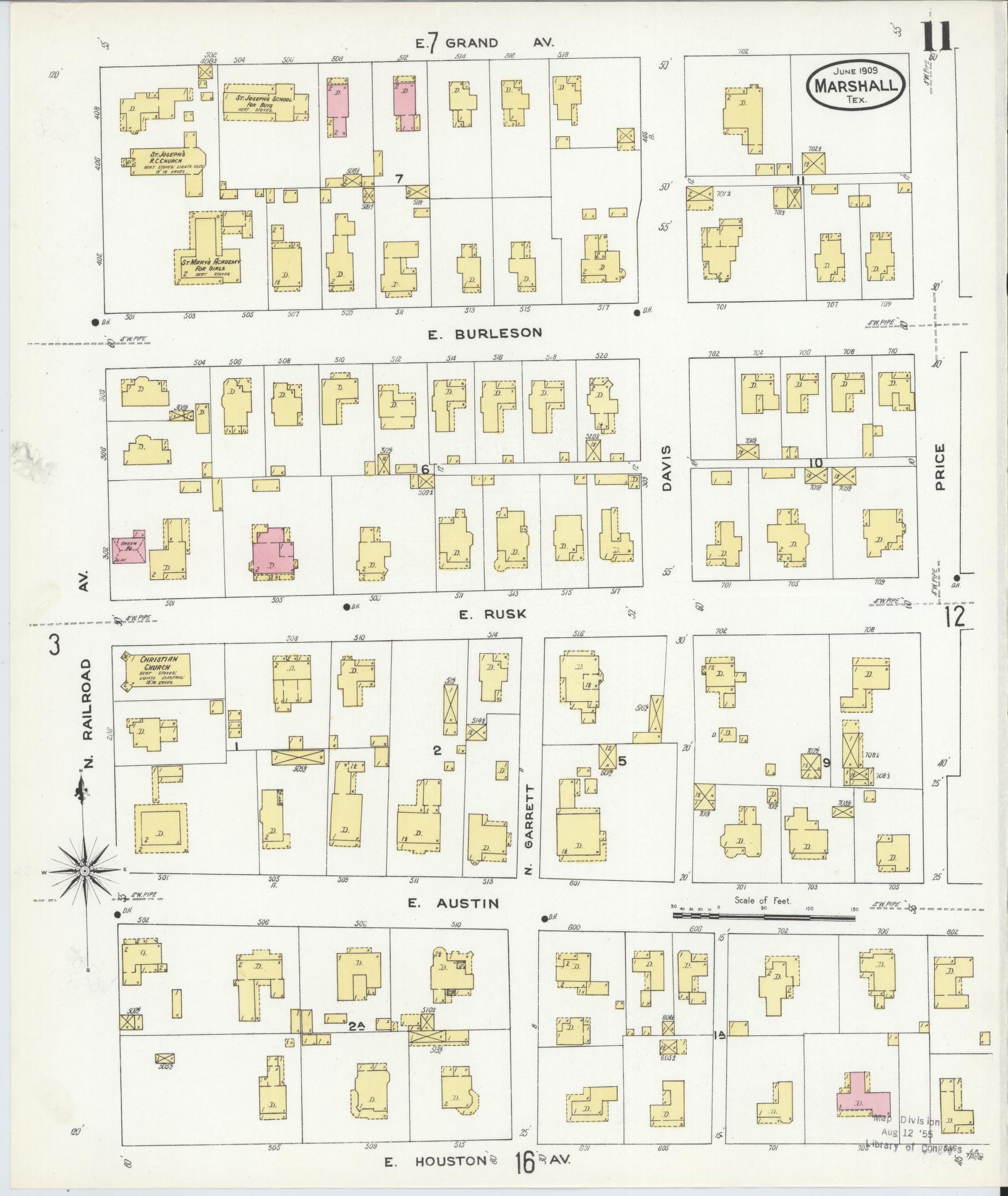 Sanborn Fire Insurance Map from Marshall, Harrison County, Texas (1909), Sheet #0011 - Complete Map Set gallery image, historic Sanborn map, vintage wall art, Texas Texas