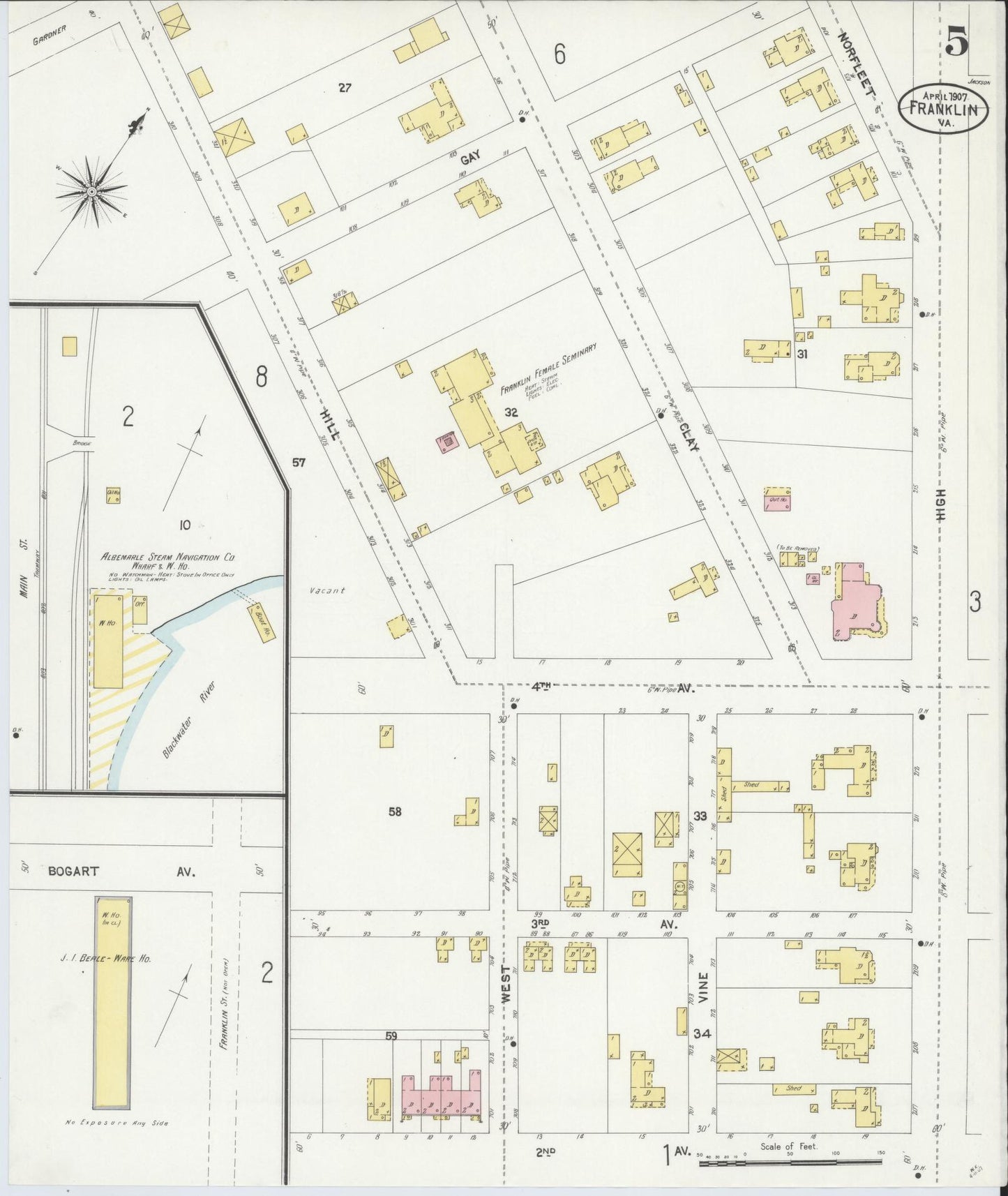 Sanborn Fire Insurance Map from Franklin, Independent Cities, Virginia (1907), Sheet #0005 - Complete Map Set gallery image, historic Sanborn map, vintage wall art, Virginia Virginia