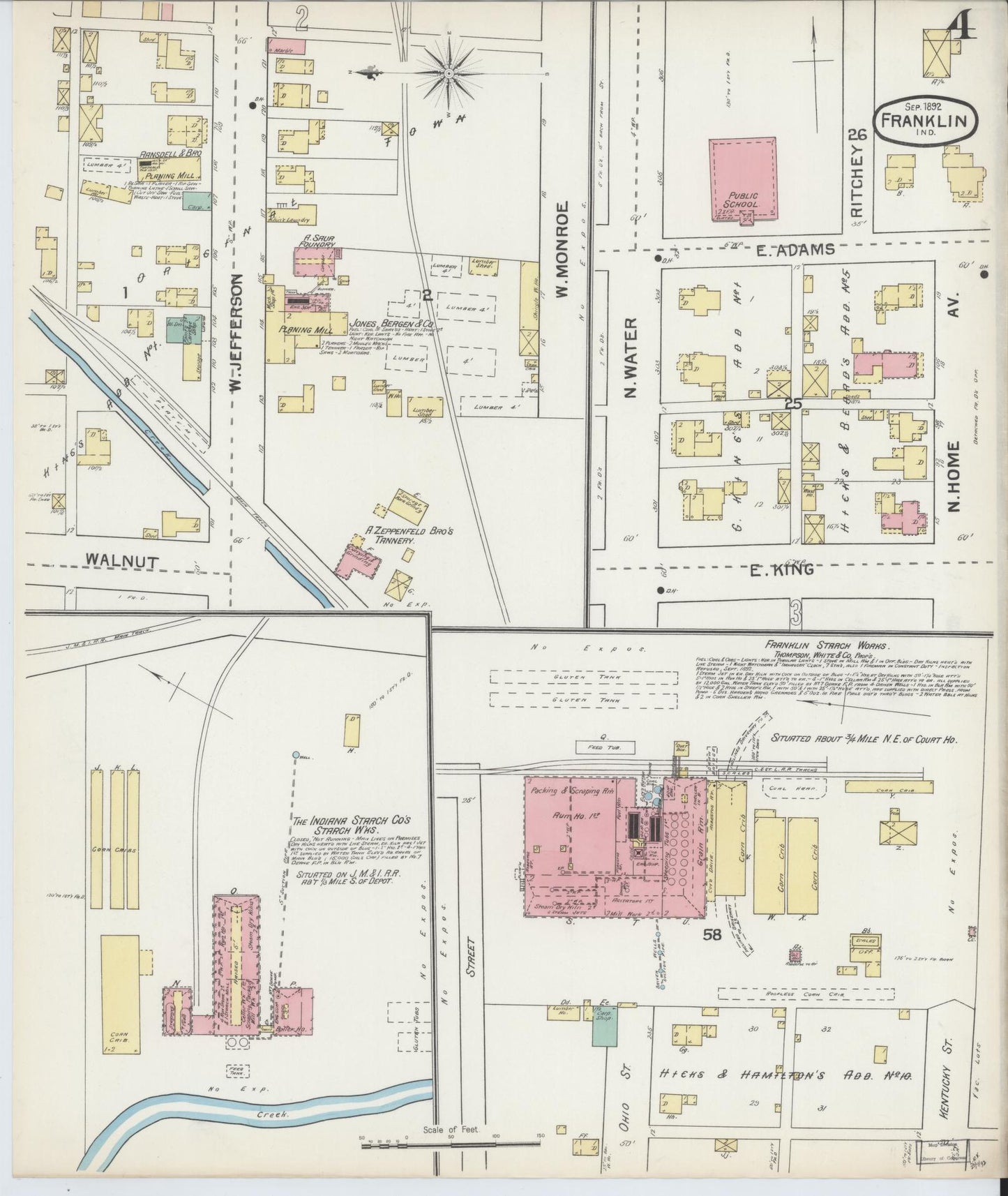 Sanborn Fire Insurance Map from Franklin, Johnson County, Indiana (1892), Sheet #0004 - Historic Sanborn Fire Insurance Map Print, vintage old map wall art, antique decor, genealogy gift, Indiana Indiana map