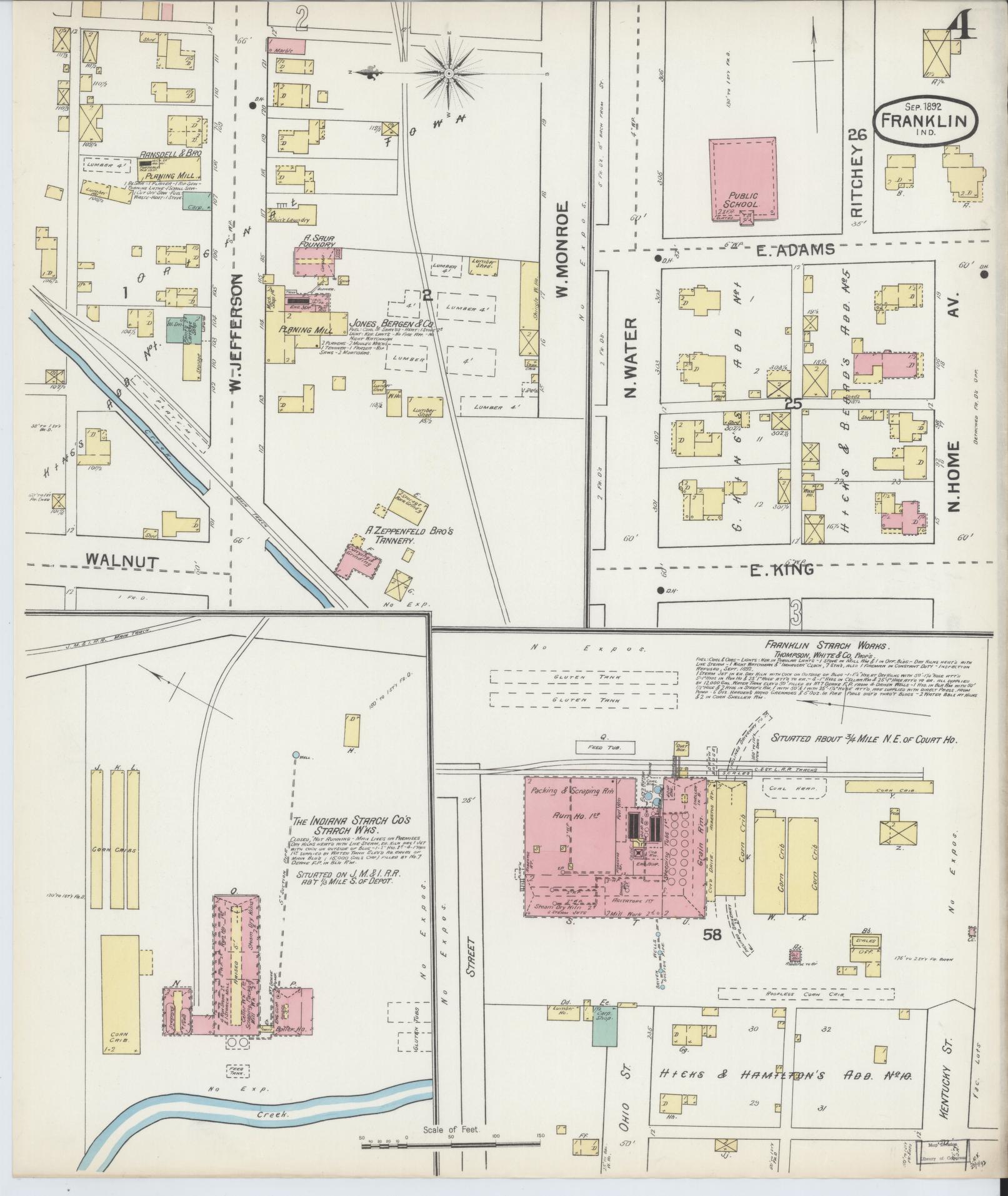 Sanborn Fire Insurance Map from Franklin, Johnson County, Indiana (1892), Sheet #0004 - Historic Sanborn Fire Insurance Map Print, vintage old map wall art, antique decor, genealogy gift, Indiana Indiana map