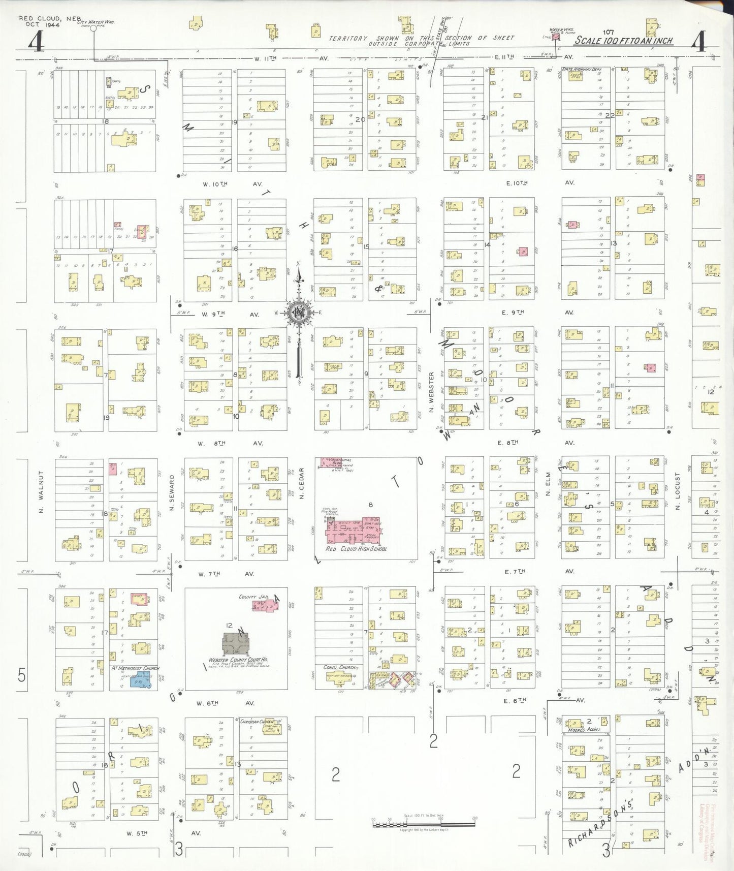 Sanborn Fire Insurance Map from Red Cloud, Webster County, Nebraska (1944), Sheet #0004 - Complete Map Set gallery image, historic Sanborn map, vintage wall art, Nebraska Nebraska