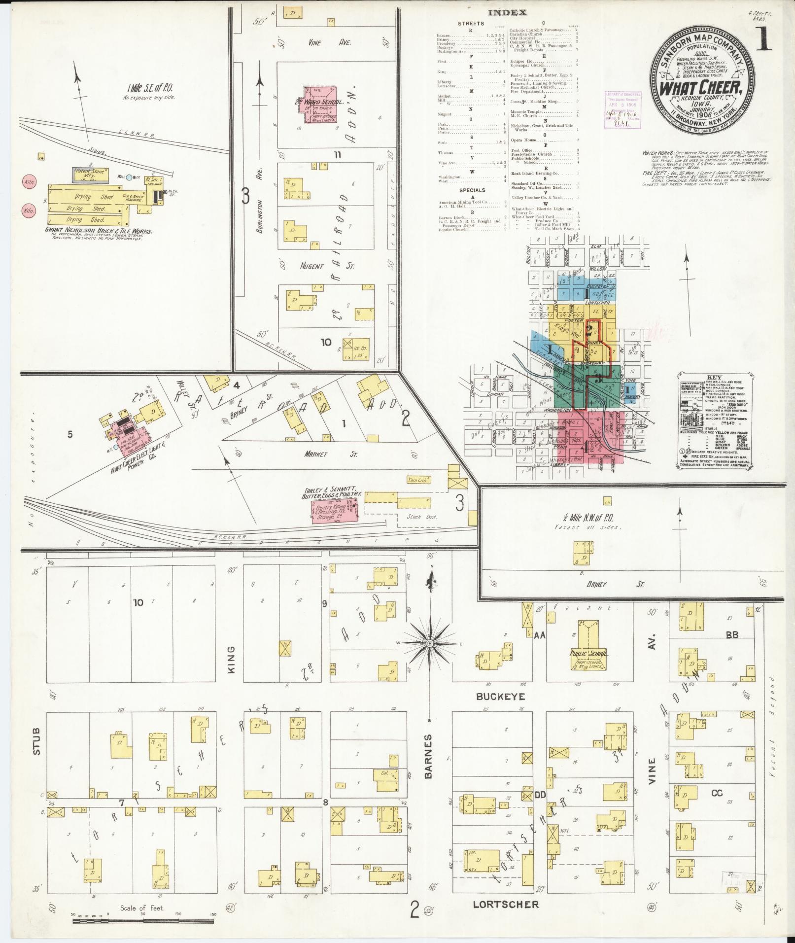 Sanborn Fire Insurance Map from What Cheer, Keokuk County, Iowa (1906), Sheet #0001 - Historic Sanborn Fire Insurance Map Print