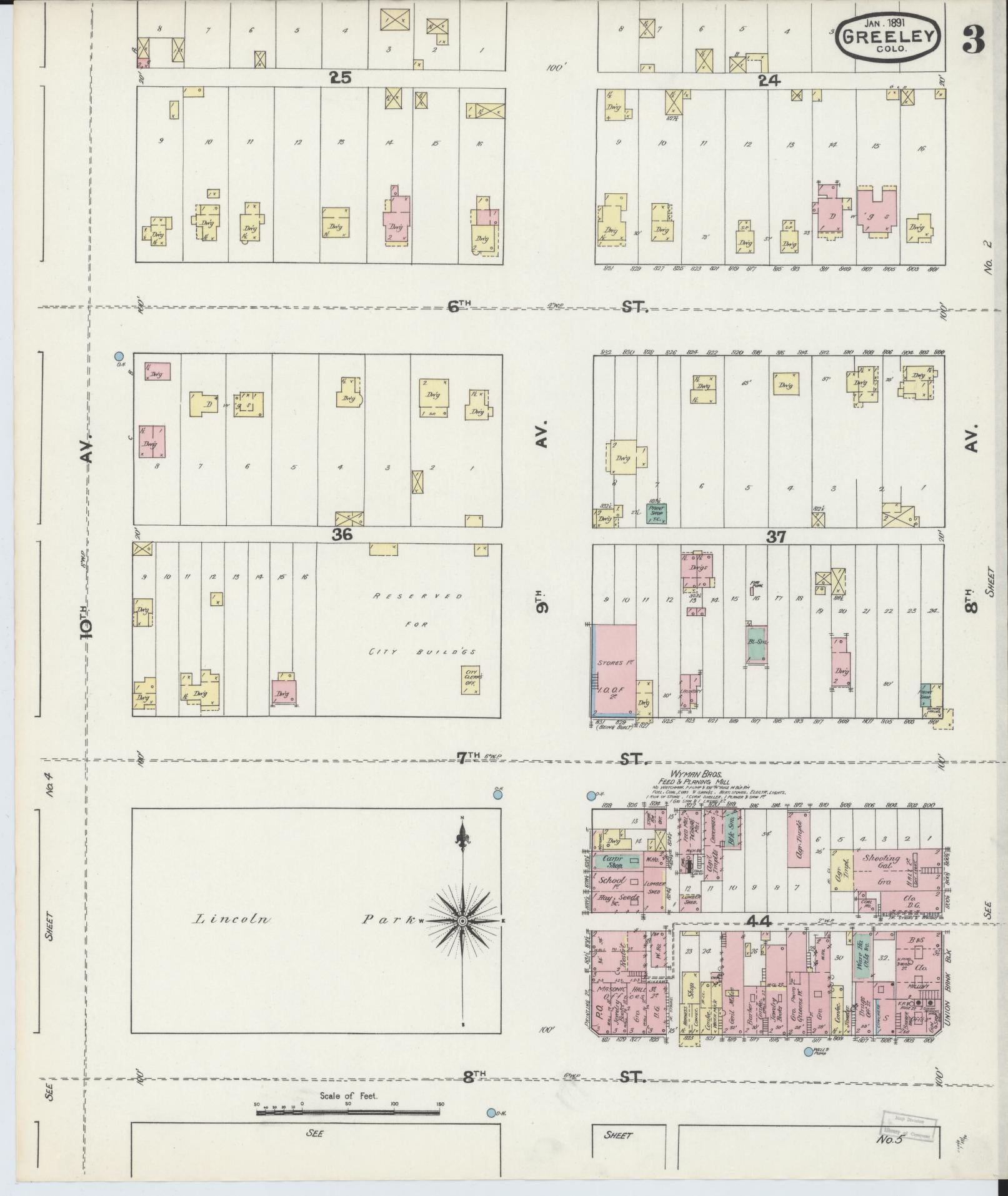 Sanborn Fire Insurance Map from Greeley, Weld County, Colorado (1891), Sheet #0003 - Historic Sanborn Fire Insurance Map Print, vintage old map wall art, antique decor, genealogy gift, Colorado Colorado map