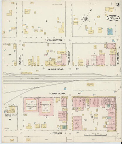 Sanborn Fire Insurance Map from Opelika, Lee County, Alabama (1888), Sheet #0002 - Complete Map Set gallery image, historic Sanborn map, vintage wall art, Alabama Alabama