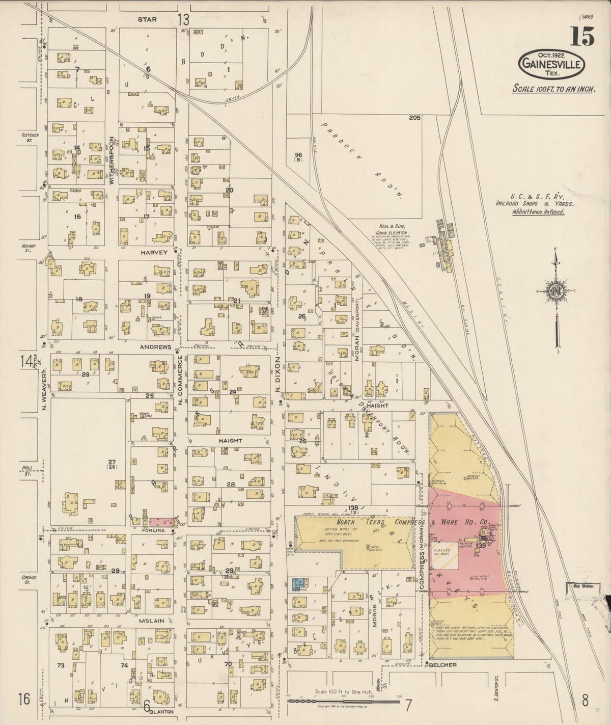 Sanborn Fire Insurance Map from Gainesville, Cooke County, Texas (1922), Sheet #0015 - Complete Map Set gallery image, historic Sanborn map, vintage wall art, Texas Texas