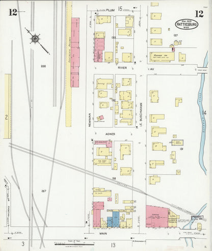 Sanborn Fire Insurance Map from Hattiesburg, Forrest County, Mississippi (1925), Sheet #0012 - Complete Map Set gallery image, historic Sanborn map, vintage wall art, Mississippi Mississippi