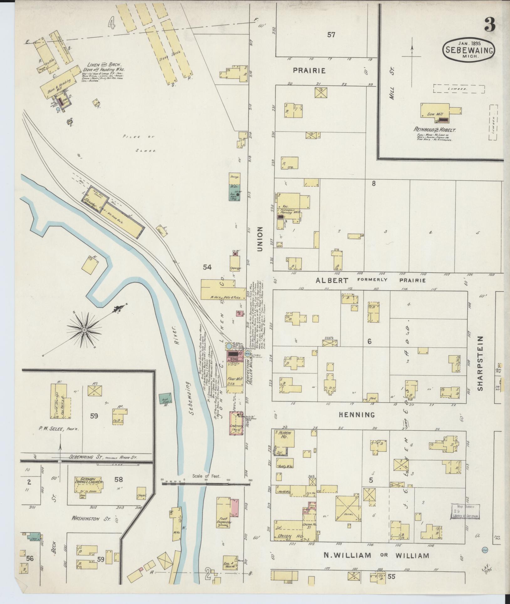 Sanborn Fire Insurance Map from Sebewaing, Huron County, Michigan (1895), Sheet #0003 - Complete Map Set gallery image, historic Sanborn map, vintage wall art, Michigan Michigan