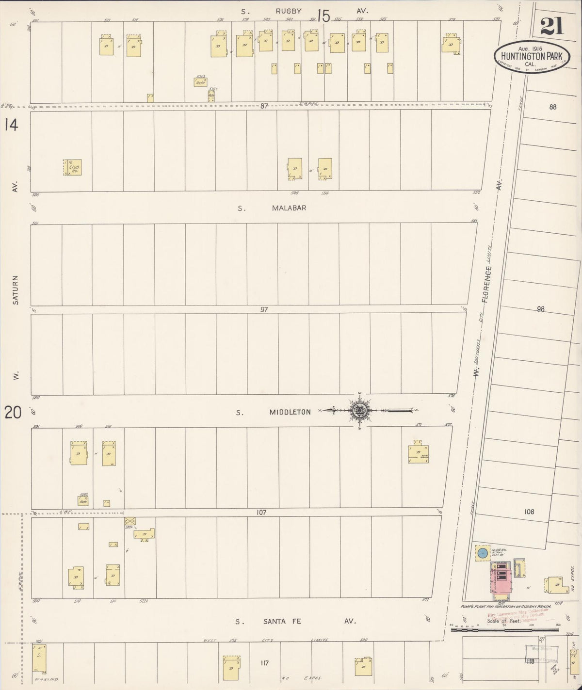 Sanborn Fire Insurance Map from Huntington Park, Los Angeles County, California (1916), Sheet #0021 - Complete Map Set gallery image, historic Sanborn map, vintage wall art, California California