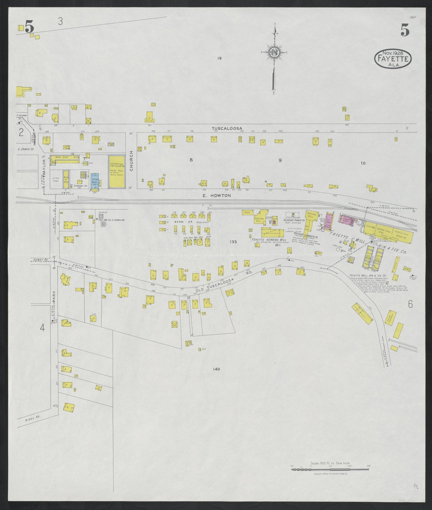 Sanborn Fire Insurance Map from Fayette, Fayette County, Alabama (1928), Sheet #0005 - Complete Map Set gallery image, historic Sanborn map, vintage wall art, Alabama Alabama