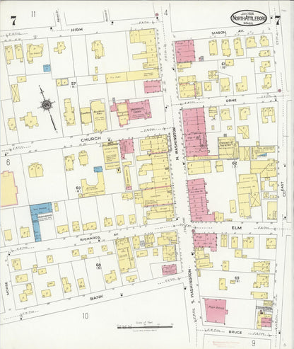 Sanborn Fire Insurance Map from North Attleborough, Bristol County, Massachusetts (1924), Sheet #0007 - Historic Sanborn Fire Insurance Map Print, vintage old map wall art, antique decor, genealogy gift, Massachusetts Massachusetts map