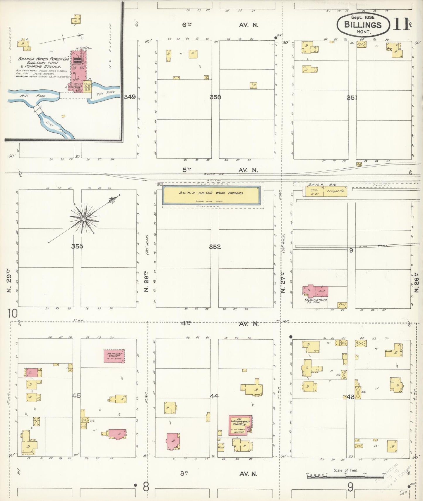 Sanborn Fire Insurance Map from Billings, Yellowstone County, Montana (1896), Sheet #0011 - Historic Sanborn Fire Insurance Map Print, vintage old map wall art, antique decor, genealogy gift, Montana Montana map