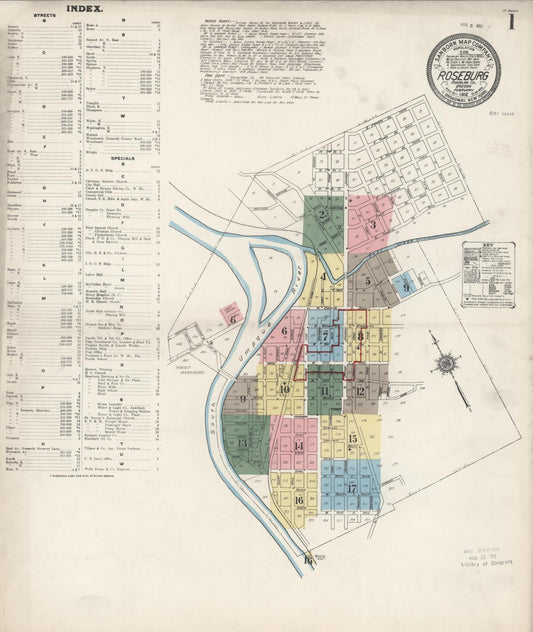 Sanborn Fire Insurance Map from Roseburg, Douglas County, Oregon (1912), Sheet #0001 - Historic Sanborn Fire Insurance Map Print, vintage old map wall art, antique decor, genealogy gift, Oregon Oregon map