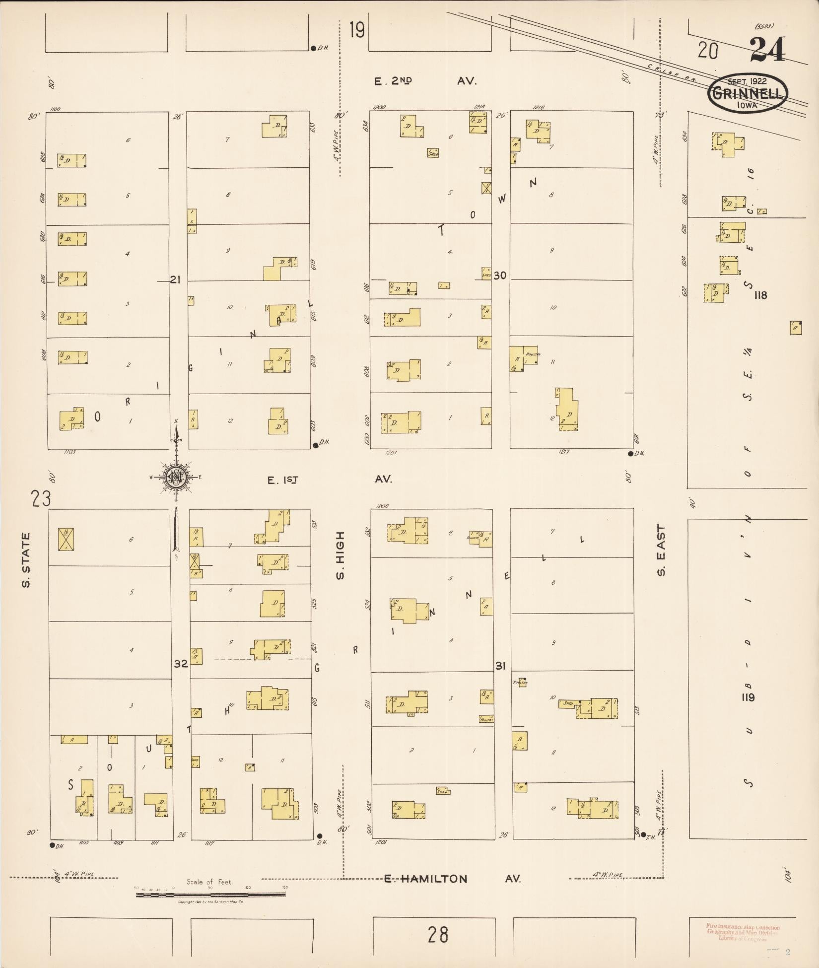 Sanborn Fire Insurance Map from Grinnell, Poweshiek County, Iowa (1922), Sheet #0024 - Historic Sanborn Fire Insurance Map Print, vintage old map wall art