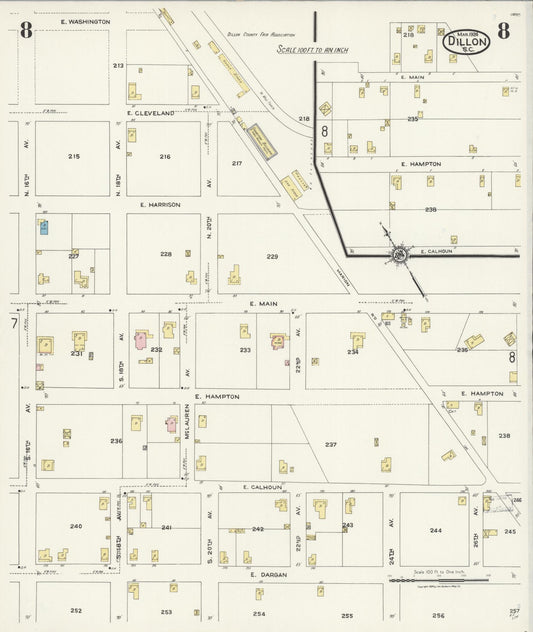Sanborn Fire Insurance Map from Dillon, Dillon County, South Carolina (1924), Sheet #0008 - Historic Sanborn Fire Insurance Map Print, vintage old map wall art, antique decor, genealogy gift, South Carolina South Carolina map