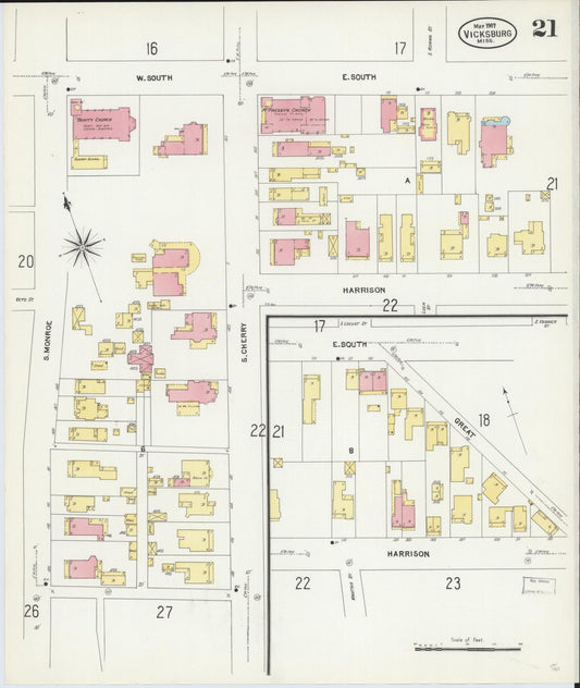 Sanborn Fire Insurance Map from Vicksburg, Warren County, Mississippi (1907), Sheet #0021 - Historic Sanborn Fire Insurance Map Print, vintage old map wall art, antique decor, genealogy gift, Mississippi Mississippi map
