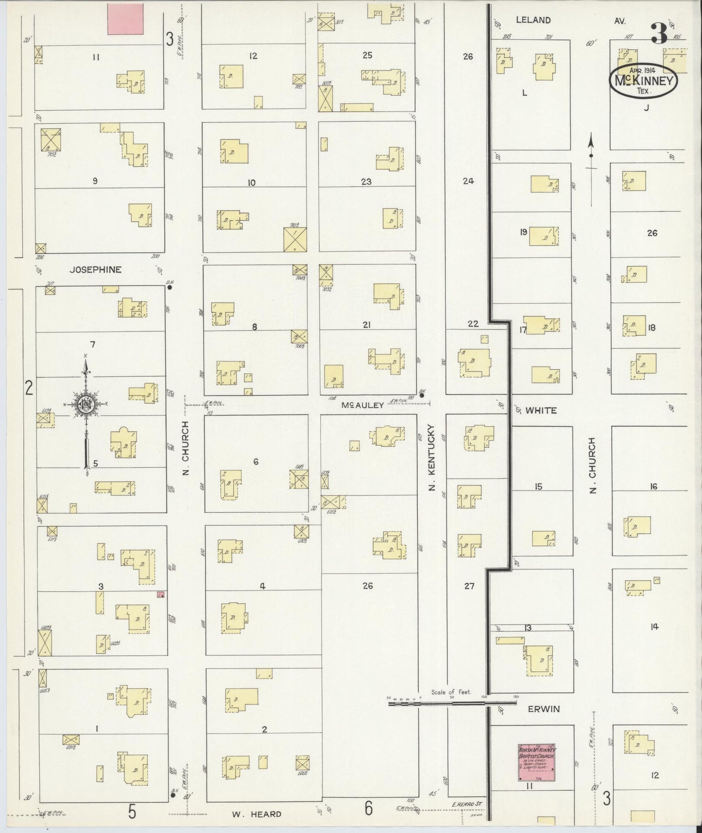 Sanborn Fire Insurance Map from McKinney, Collin County, Texas (1914), Sheet #0003 - Historic Sanborn Fire Insurance Map Print, vintage old map wall art, antique decor, genealogy gift, Texas Texas map