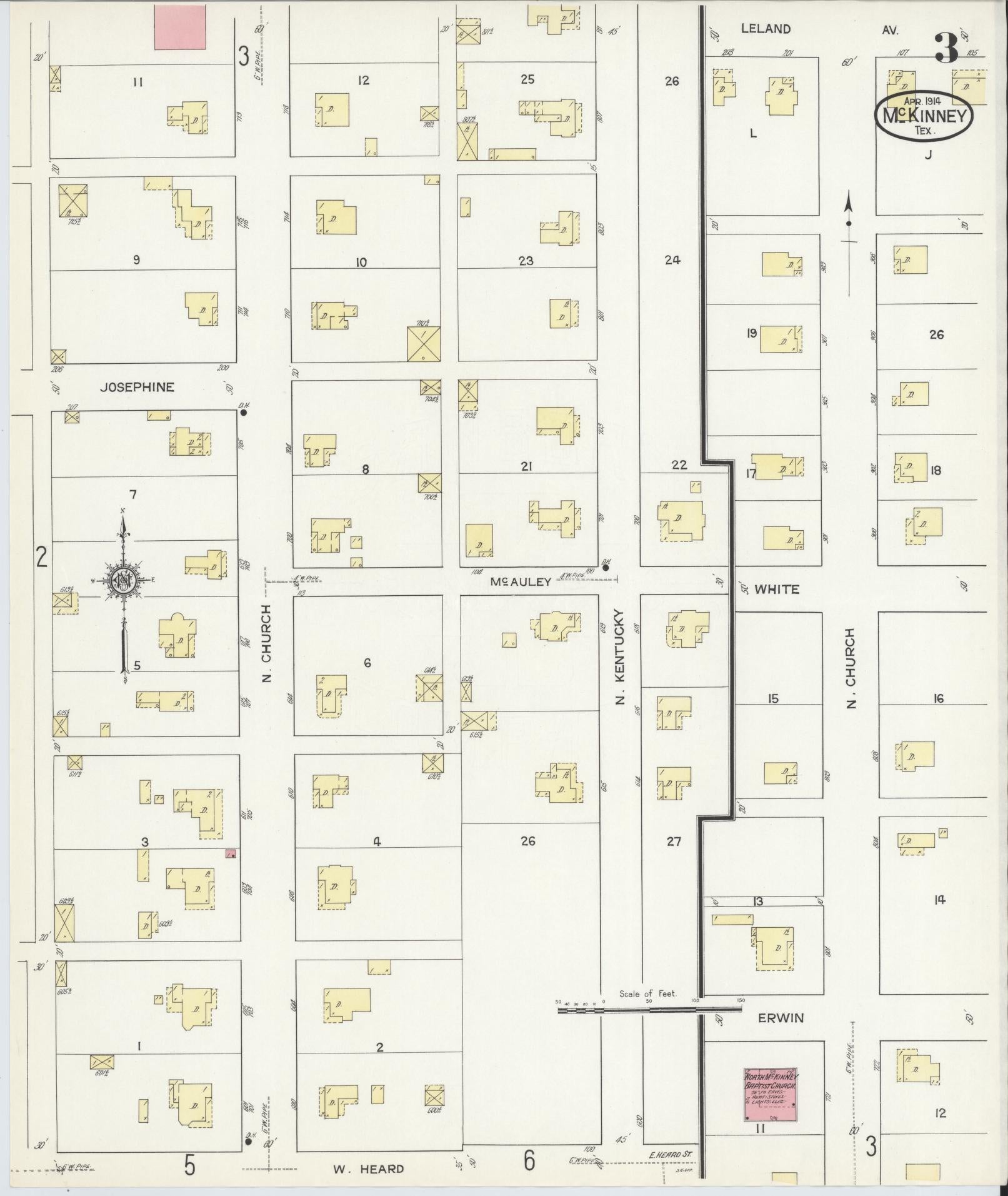 Sanborn Fire Insurance Map from McKinney, Collin County, Texas (1914), Sheet #0003 - Historic Sanborn Fire Insurance Map Print, vintage old map wall art, antique decor, genealogy gift, Texas Texas map