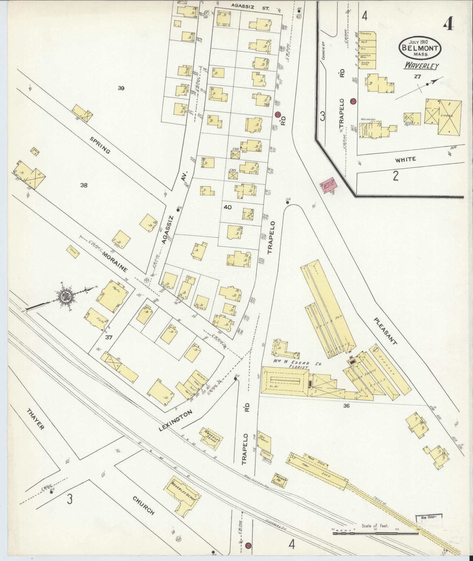 Sanborn Fire Insurance Map from Belmont, Middlesex County, Massachusetts (1910), Sheet #0004 - Historic Sanborn Fire Insurance Map Print, vintage old map wall art, antique decor, genealogy gift, Massachusetts Massachusetts map