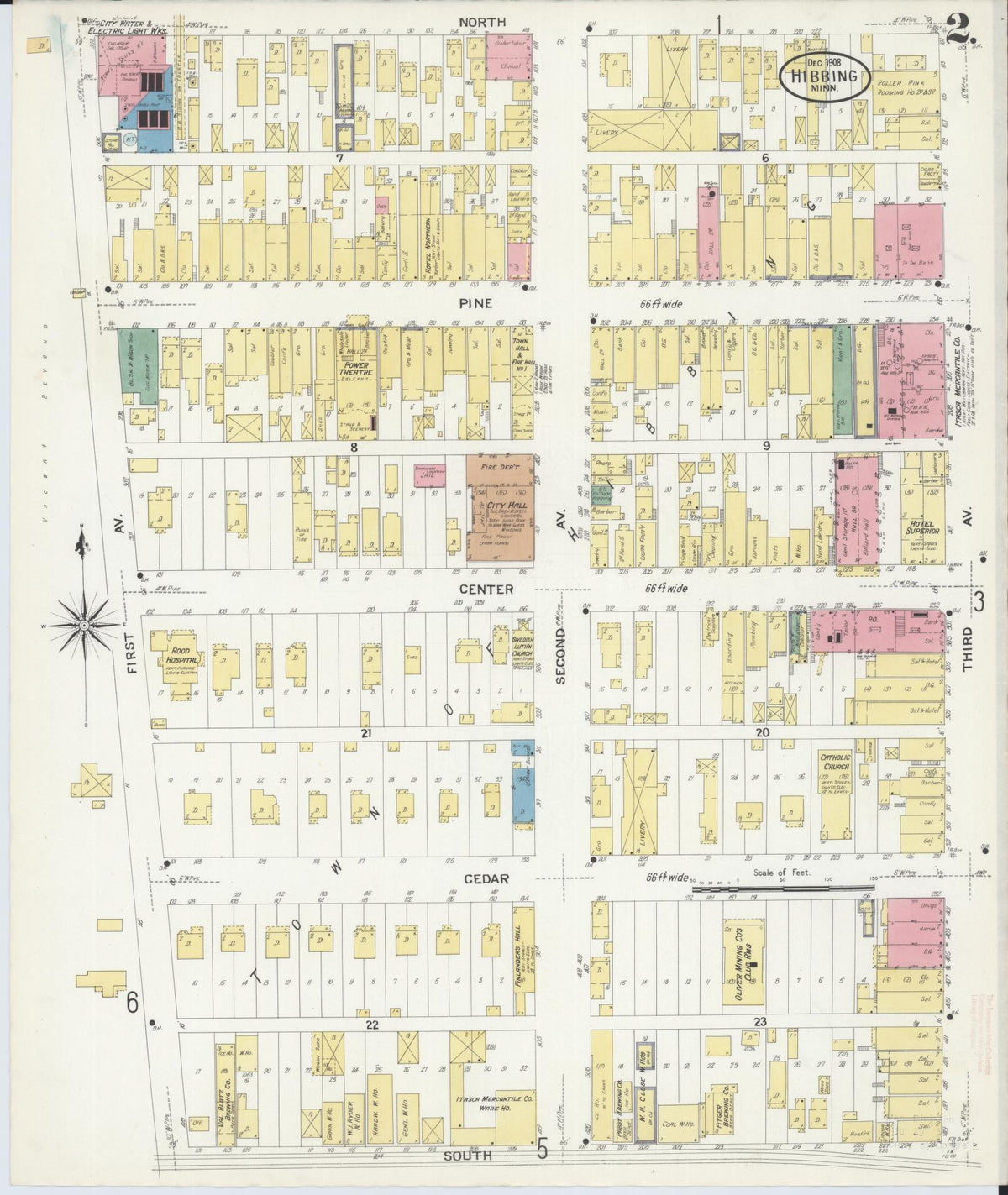Sanborn Fire Insurance Map from Hibbing, Saint Louis County, Minnesota (1908), Sheet #0002 - Complete Map Set gallery image, historic Sanborn map, vintage wall art, Minnesota Minnesota