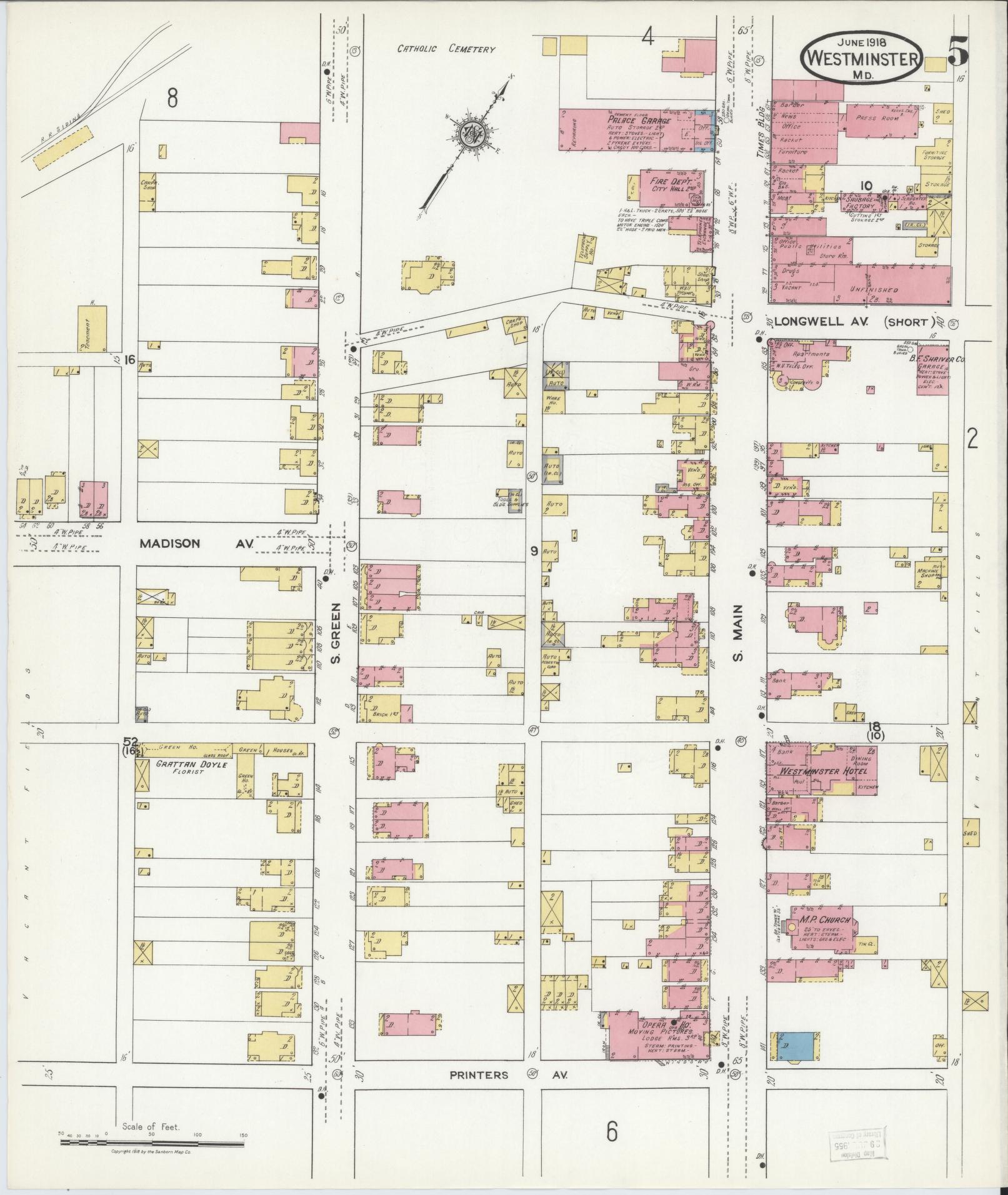 Sanborn Fire Insurance Map from Westminster, Carroll County, Maryland (1918), Sheet #0005 - Historic Sanborn Fire Insurance Map Print, vintage old map wall art, antique decor, genealogy gift, Maryland Maryland map