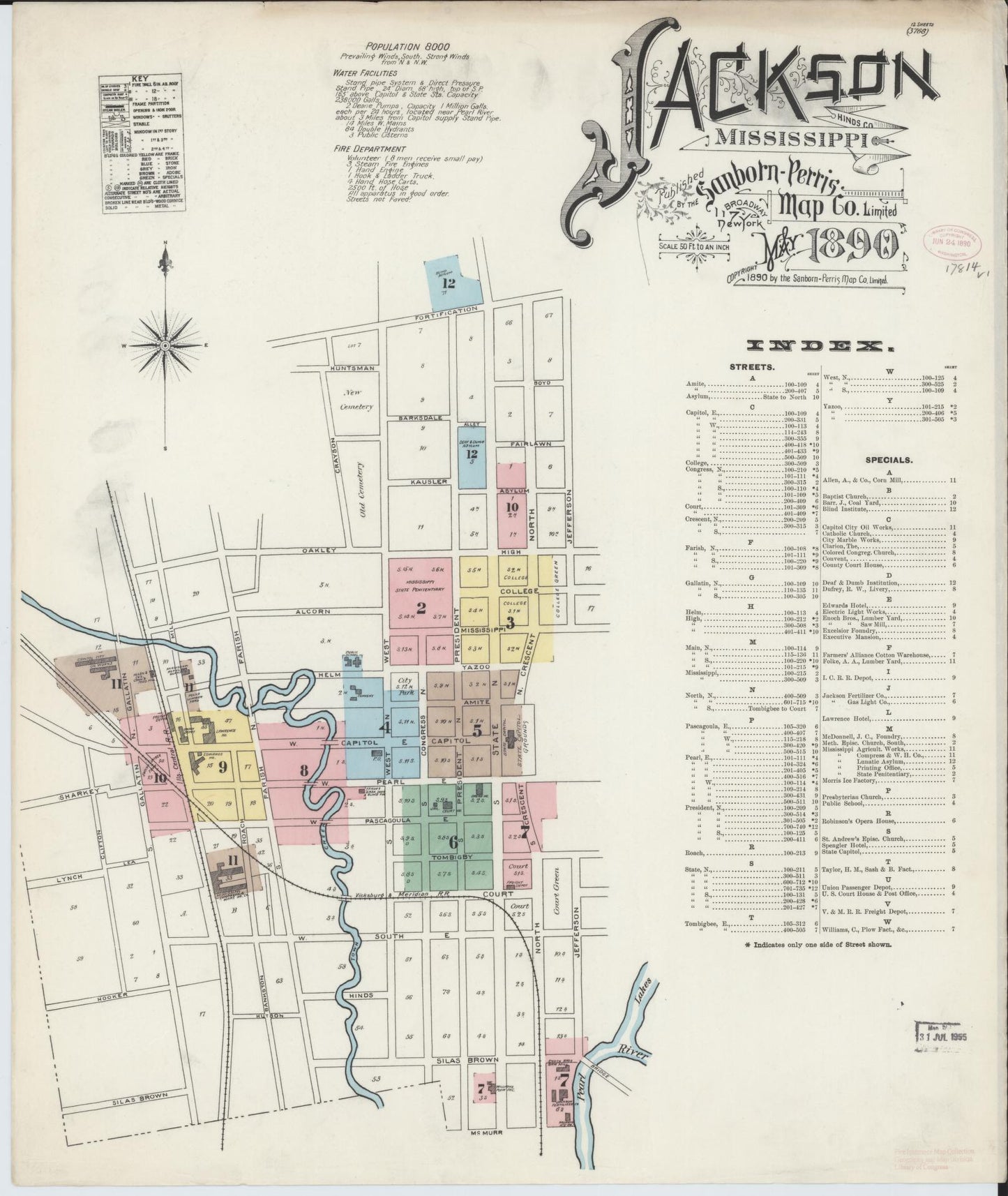 Sanborn Fire Insurance Map from Jackson, Hinds County, Mississippi (1890), Sheet #0001 - Historic Sanborn Fire Insurance Map Print, vintage old map wall art, antique decor, genealogy gift, Mississippi Mississippi map